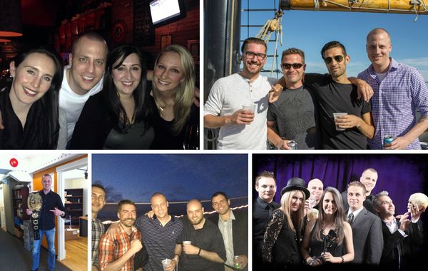 Five photos of Jamie Gerrard with agency colleagues: at a bar, on a tall ship, holding a championship belt in the office, on a boat at dusk, and in face paint with a prop skull.