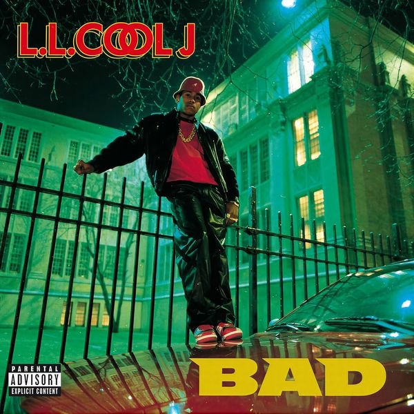 The Bigger and Deffer album cover: LL Cool J in a red Kangol hat and leather jacket, standing on a car hood at night in front of a school, above the word BAD.